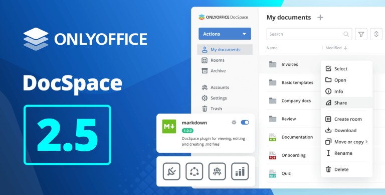 ONLYOFFICE DocSpace 2.5 est disponible avec des améliorations pour les salles publiques, les préréglages d&rsquo;intégration et la gestion du stockage